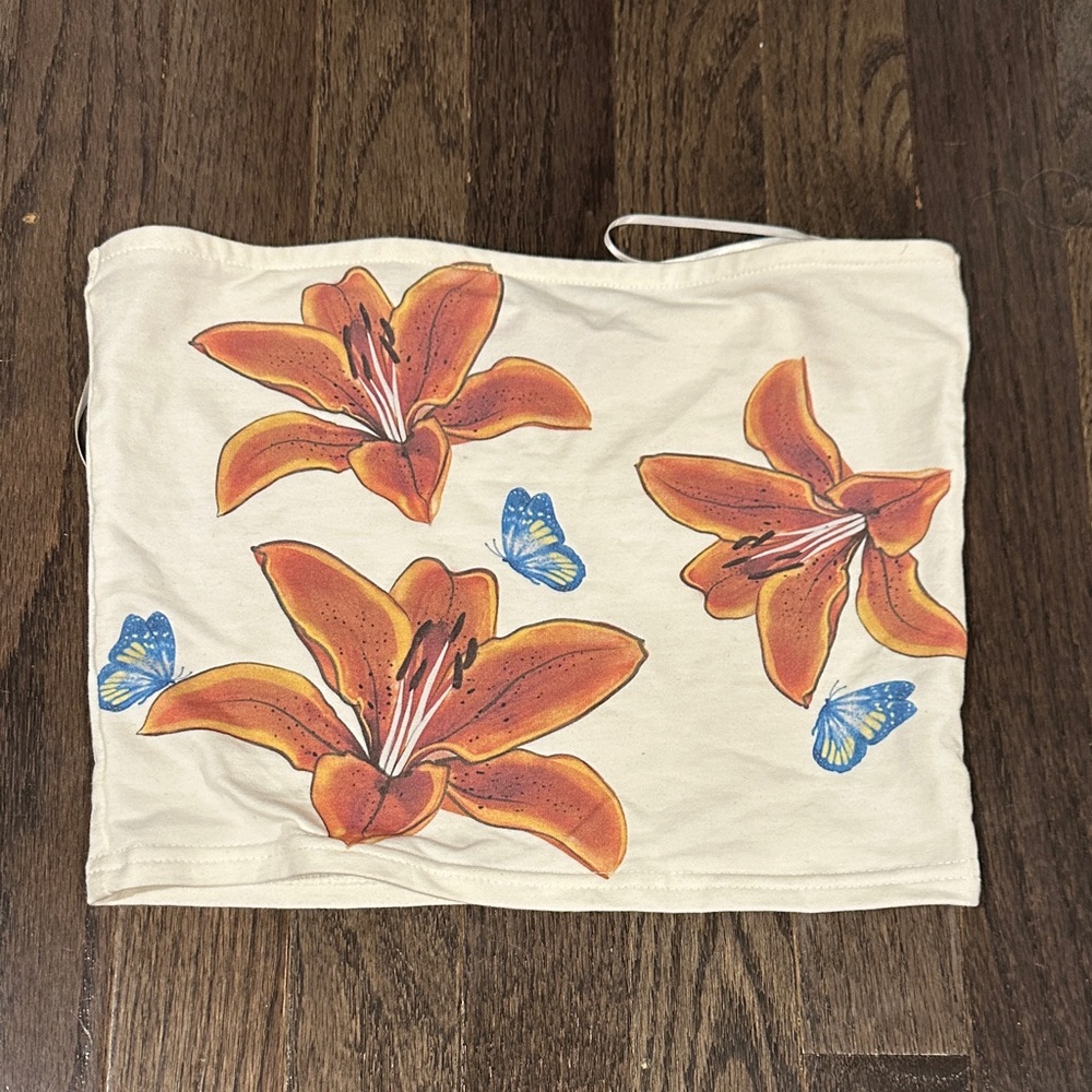 Edikted Cream Tube Top with Orange and Blue Floral Design